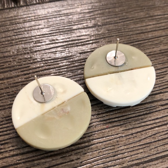 Round Striped Olive & Ivory Button Earrings - Picture 4 of 9